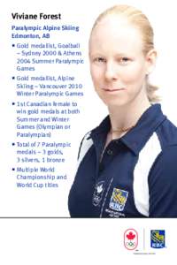 Viviane Forest Paralympic Alpine Skiing Edmonton, AB  Gold medallist, Goalball – Sydney 2000 & Athens 2004 Summer Paralympic