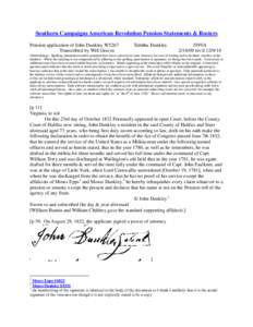 Southern Campaigns American Revolution Pension Statements & Rosters Pension application of John Dunkley W5267 Transcribed by Will Graves Tabitha Dunkley