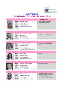 HORIZON 2020 THE NATIONAL CONTACT POINTS of CYPRUS NCP Function Name  Kalypso Sepou