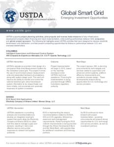 Global Smart Grid Emerging Investment Opportunities w w w. u s t d a . g o v USTDA supports project planning activities, pilot projects and reverse trade missions to help infrastructure development projects obtain financ