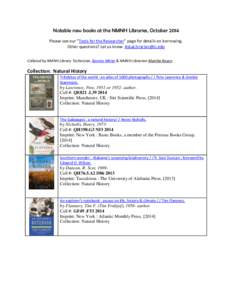 Notable new books at the NMNH Libraries, October 2014 Please see our “Tools for the Researcher” page for details on borrowing. Other questions? Let us know: [removed] Collated by NMNH Library Technician, B