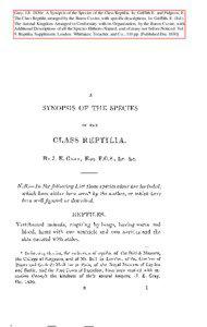 Gray, J.E. 1830e. A Synopsis of the Species of the Class Reptilia. In: Griffith E. and Pidgeon, E. The Class Reptilia arranged by the Baron Cuvier, with specific descriptions. In: Griffith, E. (Ed.). The Animal Kingdom Arranged in Conformity with its Organization, by the Baron Cuvier, with