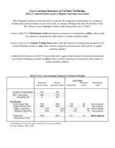 Core Learning Outcomes at Cal State Northridge[removed]Administration of the Collegiate Learning Assessment The Collegiate Learning Assessment (CLA) examines the comparative performance of a sample of entering and existi