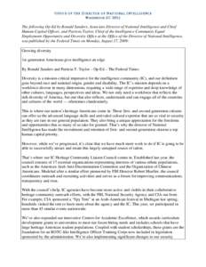 OFFICE OF THE DIRECTOR OF NATIONAL INTELLIGENCE WASHINGTON, DC[removed]The following Op-Ed by Ronald Sanders, Associate Director of National Intelligence and Chief Human Capital Officer, and Patricia Taylor, Chief of the I