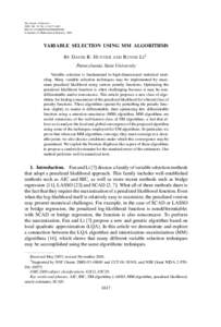 The Annals of Statistics 2005, Vol. 33, No. 4, 1617–1642 DOI009053605000000200 © Institute of Mathematical Statistics, 2005  VARIABLE SELECTION USING MM ALGORITHMS