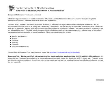 Integrated Mathematics I Curriculum Crosswalk The following document is to be used to compare the 2003 North Carolina Mathematics Standard Course of Study for Integrated Mathematics I and the Common Core State Standards 