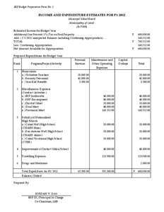 SEF Budget Preparation Form No. 1  INCOME AND EXPENDITURE ESTIMATES FOR FY 2012 Municipal School Board Municipality of Cateel (In P000)