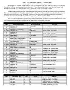 FINAL EXAMINATION SCHEDULE SPRING 2014 To interpret this schedule, find the time that your class meets during the week in the table below (“Class Meeting Time & Day”). Please note that not all classes utilize their 4