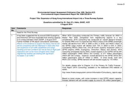 Annex D  Environmental Impact Assessment Ordinance (Cap. 499), Section 6(3) Environmental Impact Assessment Report No. ESB[removed]Project Title: Expansion of Hong Kong International Airport into a Three-Runway System Q