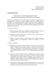 November 10, 2009 Mizuho Bank, Ltd. Mizuho Corporate Bank, Ltd. FOR GENERAL RELEASE  Memorandum of Understanding Signed with the