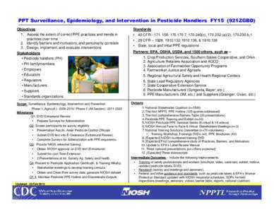 PPT Surveillance, Epidemiology, and Intervention in Pesticide Handlers  FY15  (921ZGBD)