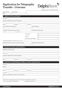 Application for Telegraphic Transfer - Overseas Operations Use Only - TT Reference Number Branch Number  Branch Name