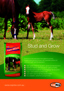 Stud and Grow A premium extruded feed, formulated to provide breeding and growing horses with essential nutrition for optimum health and development. 	 High quality protein for lactation, growth and development 	 Balance