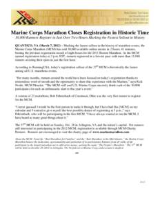 Marine Corps Marathon Closes Registration in Historic Time 30,000 Runners Register in Just Over Two Hours Marking the Fastest Sellout in History QUANTICO, VA (March 7, 2012) – Marking the fastest sellout in the history