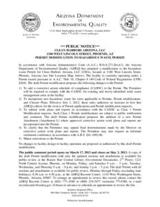 PUBLIC NOTICE: Waste Programs Division: Hazardous Waste Permits Unit: Clean Harbors Arizona, LLC: Hazardous Waste Permit Modification