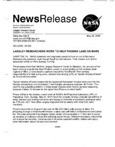 NewsRelease . National Aeronautics and Space Administration Langley Research Center Hampton, Va[removed]