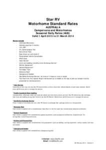 Star RV Motorhome Standard Rates AUSTRALIA Campervans and Motorhomes Seasonal Daily Rates (AU$)