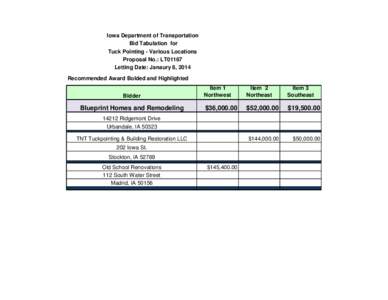 Iowa Department of Transportation Bid Tabulation for Tuck Pointing - Various Locations Proposal No.: LT01167 Letting Date: Janaury 8, 2014 Recommended Award Bolded and Highlighted