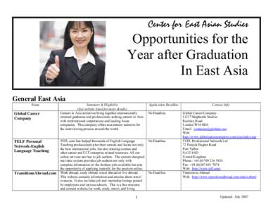 Center for East Asian Studies  Opportunities for the Year after Graduation In East Asia General East Asia