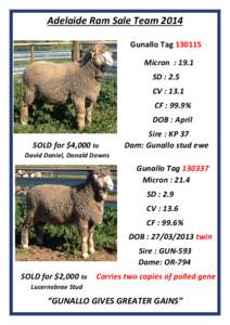 Adelaide Ram Sale Team 2014 Gunallo Tag[removed]Micron : 19.1 SD : 2.5 CV : 13.1 CF : 99.9%