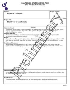 CALIFORNIA STATE SCIENCE FAIR 2015 PROJECT SUMMARY Name(s)  Project Number