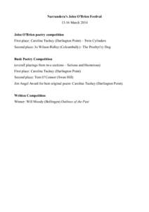 Narrandera’s John O’Brien Festival[removed]March 2014 John O’Brien poetry competition First place: Caroline Tuohey (Darlington Point) – Twin Cylinders Second place: Jo Wilson-Ridley (Coleambally)– The Presbyt’r