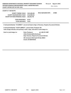 NEBRASKA DEPARTMENT OF REVENUE, PROPERTY ASSESSMENT DIVISION CERTIFIED RAILROAD APPORTIONMENT VALUE / WEIGHTING[removed]COUNTY LISTING FOR TAX YEAR 2013 File as of: