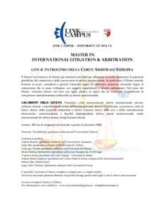 LINK CAMPUS – UNIVERSITY OF MALTA  MASTER IN INTERNATIONAL LITIGATION & ARBITRATION CON IL PATROCINIO DELLA