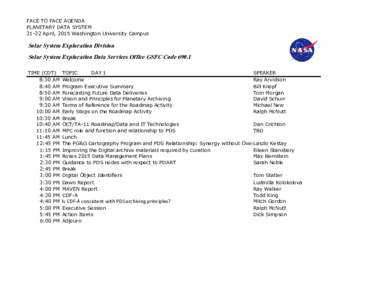 FACE TO FACE AGENDA PLANETARY DATA SYSTEMApril, 2015 Washington University Campus Solar System Exploration Division Solar System Exploration Data Services Office GSFC Code 690.1