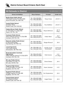 District School Board Ontario North East  All Schools in District School and Address  Page 1