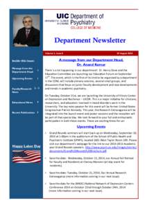 Department Newsletter Volume 1, Issue 8 A message from our Department Head, Dr. Anand Kumar