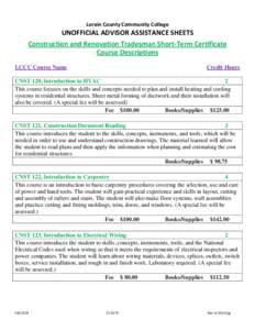 Lorain County Community College  UNOFFICIAL ADVISOR ASSISTANCE SHEETS Construction and Renovation Tradesman Short-Term Certificate Course Descriptions LCCC Course Name