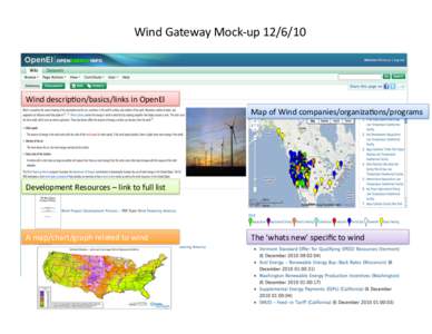Wind	
  Gateway	
  Mock-­‐up	
  	
    Wind	
  descrip3on/basics/links	
  in	
  OpenEI	
   Map	
  of	
  Wind	
  companies/organiza3ons/programs	
    Development	
  Resources	
  –	
  link	
  to	