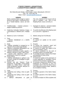 CYNGOR CYMUNED LLANSANTFFRAED LLANSANTFFRAED COMMUNITY COUNCIL Clerc / Clerk: Mrs Sheila Bonsall, Briallen, 3 Bont Estate, Llanon, Aberystwyth, SY23 5LT. Ffôn / Tel: Ebost / email: llansantffraed@hotmail.c