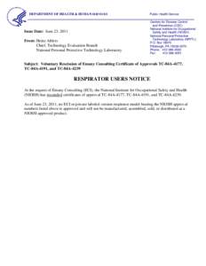 User Notice - Voluntary Rescission of Emany Consulting Certificate of Approvals TC-84A-4177, TC-84A-4191, and TC-84A-4239