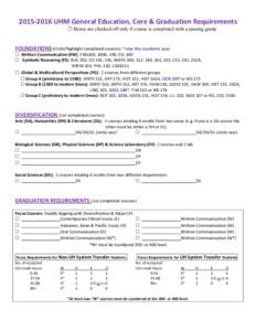   2015-­‐2016	
  UHM	
  General	
  Education,	
  Core	
  &	
  Graduation	
  Requirements	
   ! Boxes are checked off only if course is completed with a passing grade   FOUNDATIONS	
  (Circle/highlight	
  c