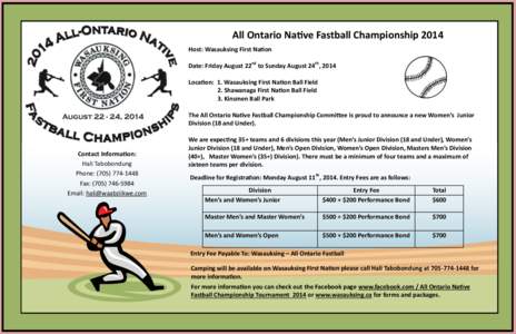 All Ontario Native Fastball Championship 2014 Host: Wasauksing First Nation Date: Friday August 22nd to Sunday August 24th, 2014 Location: 1. Wasauksing First Nation Ball Field 2. Shawanaga First Nation Ball Field 3. Kin