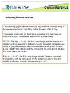 Bulk Filing for Iowa Sales Tax  The following pages demonstrate the sequence of screens likely to be encountered when bulk filing online through eFile & Pay. The pages shown are for illustrative purposes only and may not