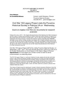 FLUVANNA HISTORICAL SOCIETY P.O. BOX 8 PALMYRA VAPress Release: For Immediate Release