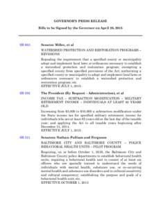 Bills to be Signed by the Governor on April 28, 2015