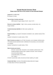 Sample Results Summary Sheet	
  Please return this form to the Curator for each allocated Sample Sample ID: RA-QD02-0041