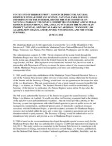 STATEMENT OF HERBERT FROST, ASSOCIATE DIRECTOR, NATURAL RESOURCE STEWARDSHIP AND SCIENCE, NATIONAL PARK SERVICE, DEPARTMENT OF THE INTERIOR, BEFORE THE SUBCOMMITTEE ON NATIONAL PARKS OF THE SENATE COMMITTEE ON ENERGY AND
