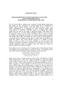 Académie des sciences  DISCOURS PRONONCÉ EN SÉANCE PUBLIQUE LE 22 JUIN 2004 PAR JEAN-BERNARD LE PECQ EN HOMMAGE À CLAUDE HÉLÈNE)