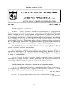 Thursday, November 27, 2003  LEGISLATIVE ASSEMBLY OF MANITOBA __________________________  VOTES AND PROCEEDINGS