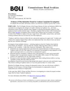 Commissioner Brad Avakian Bureau of Labor and Industries Press Release For Immediate Distribution May 11, 2011 CONTACT: Bob Estabrook, [removed]