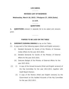 LOK SABHA _______ REVISED LIST OF BUSINESS Wednesday, March 18, [removed]Phalguna 27, 1936 (Saka) 11 A.M. _______