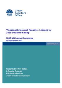(REASONABLENESS AND REASONS – LESSONS FOR GOOD DECISION-MAKING)