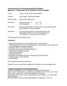 Versammlung der Einwohnergemeinde Oppligen Mittwoch, 19. November 2014, 20.00 Uhr in der Turnhalle Vorsitz: Tschanz Christian, Gemeindepräsident