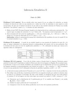 Inferencia Estad´ıstica II Junio de 2005 Problema I (3.5 puntos) En un estudio sobre una especie de ave en peligro de extinci´on, se cuenta el n´ umero de huevos por nido en una muestra de n nidos con el fin de contr