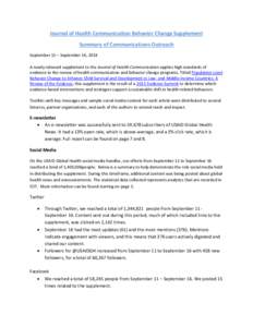 Journal of Health Communication Behavior Change Supplement Summary of Communications Outreach September 11 – September 16, 2014 A newly released supplement to the Journal of Health Communication applies high standards 